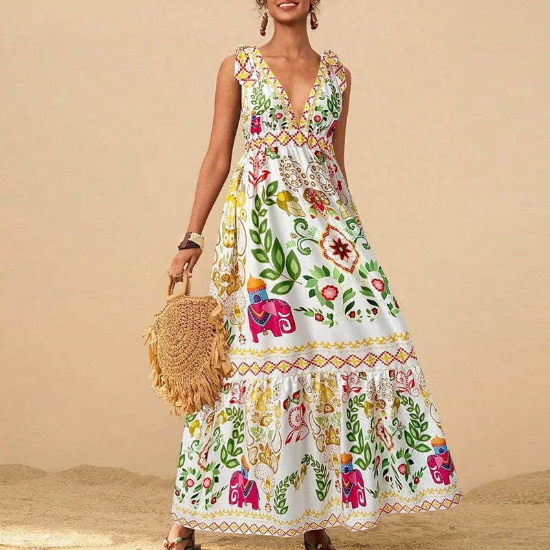 🍒Print sleeveless outfit swing dress v-neck women maxi high waist fashion holidays summer wear beach wear Shore Thang