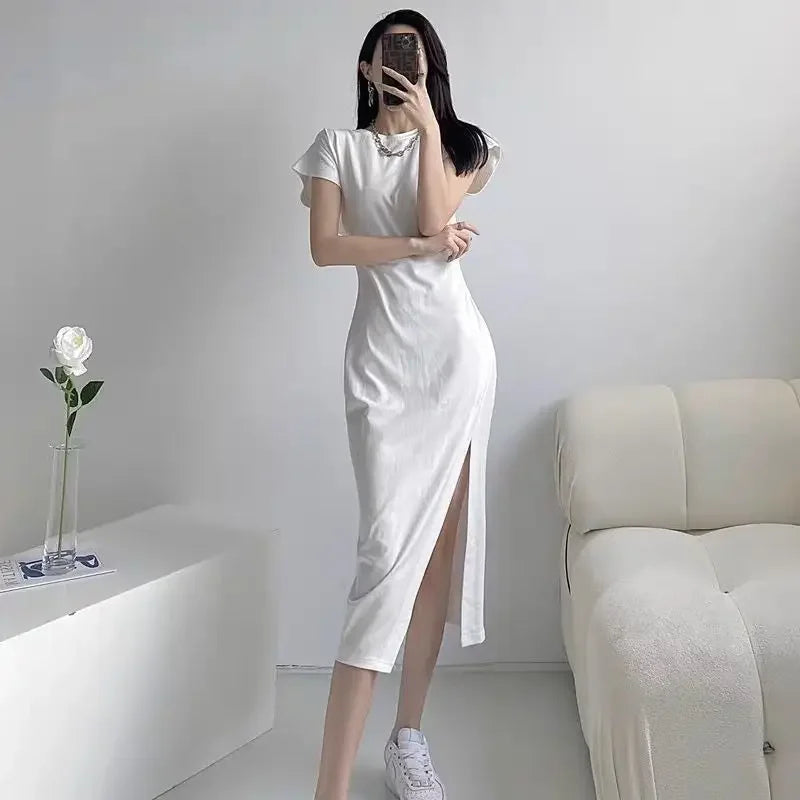🍒White dresses smart casual Women fashion clothing chic black midi outfit simple elegant slinky Y2k style clothes  Step A side Side Slit Slim -ple