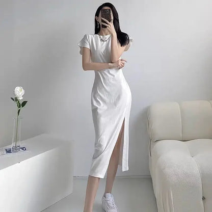 🍒White dresses smart casual Women fashion clothing chic black midi outfit simple elegant slinky Y2k style clothes  Step A side Side Slit Slim -ple