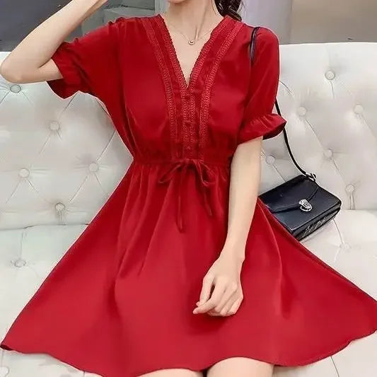 🍒Chiffon satin dress mini women soft silky outfits ruffle smart casual clothing for summer occasion party wear Dainty Dollar Dollar Doll