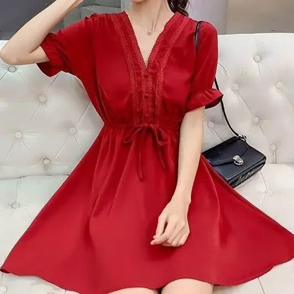 🍒Chiffon satin dress mini women soft silky outfits ruffle smart casual clothing for summer occasion party wear Dainty Dollar Dollar Doll