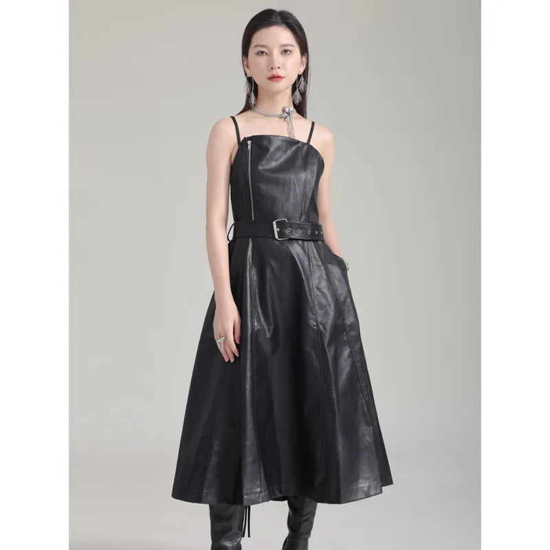 🍒Black faux leather dress spaghetti strap pu outfit with zip front sleeveless belted midi a-line dress party occasion wear sleeveless wear for women Like A Biker