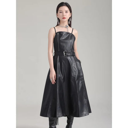 🍒Black faux leather dress spaghetti strap pu outfit with zip front sleeveless belted midi a-line dress party occasion wear sleeveless wear for women Like A Biker