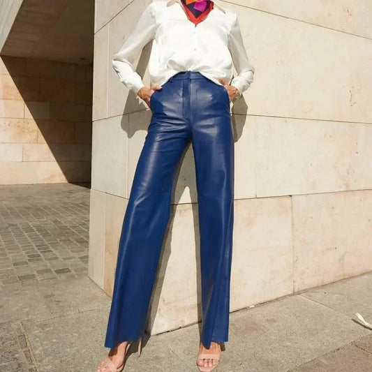 🍒Women's pu leather trousers high waisted hip lifting fashion straight leg pants smart casual clothimg party occasionwear