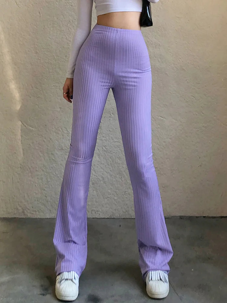 🍒High waist bell bottom pants flared at bottom solid hot girl clothes streetwear jersey womens trousers casual fashion wear