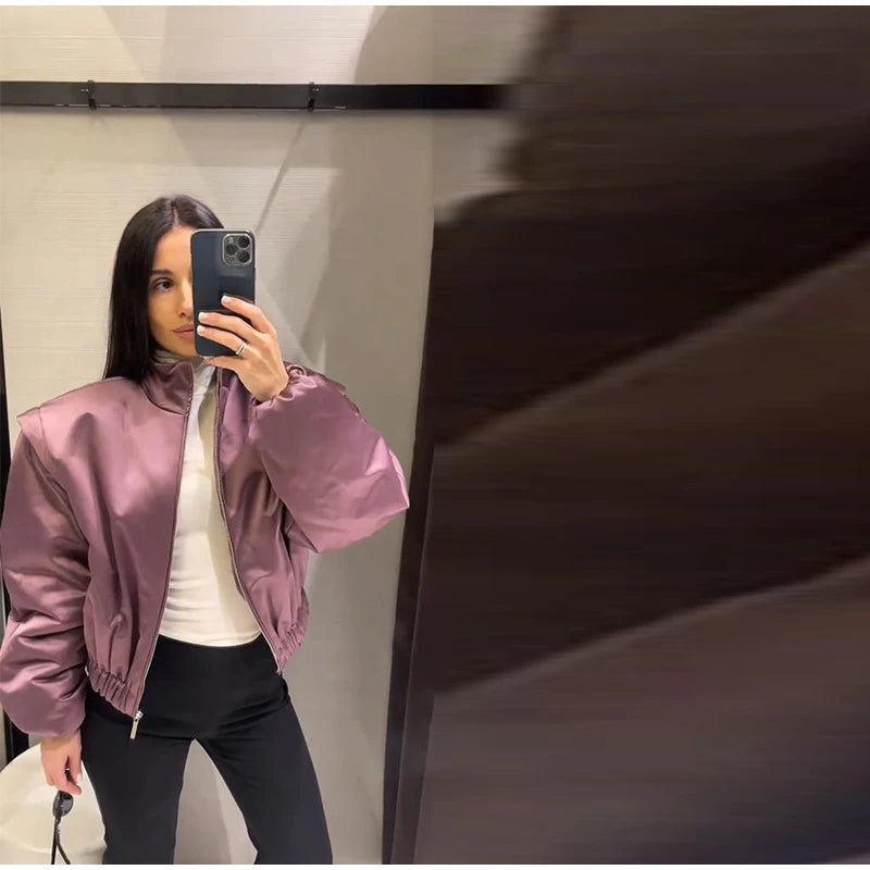 🍒Long sleeve bomber jacket women zipper with stand collar outerwear short casual coat solid chic female sateen clothing fashion   Get Into Mauve