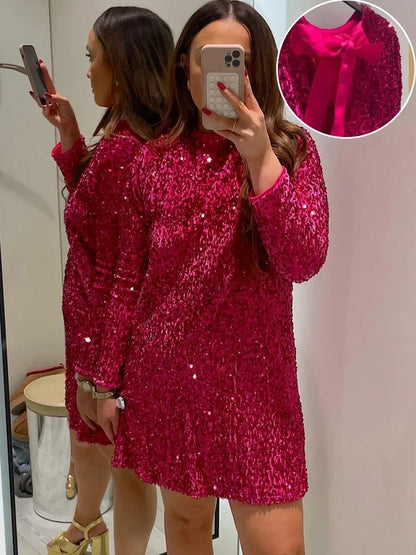 🍒Bow tie sequin dress for women long sleeve shiny mini dress female chic backless evening party dress with back bow crop sequin jacket long sleeve with satin bow front  occasion party wear