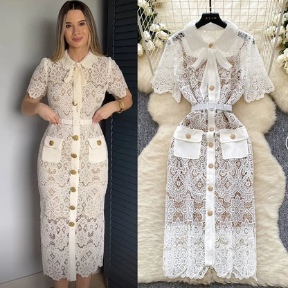 🍒White long lace dress for women short sleeve turn down collar elegant occasion party wedding reception outfit high waist Y2k fashion Lacey Bow Loves This So Will You!