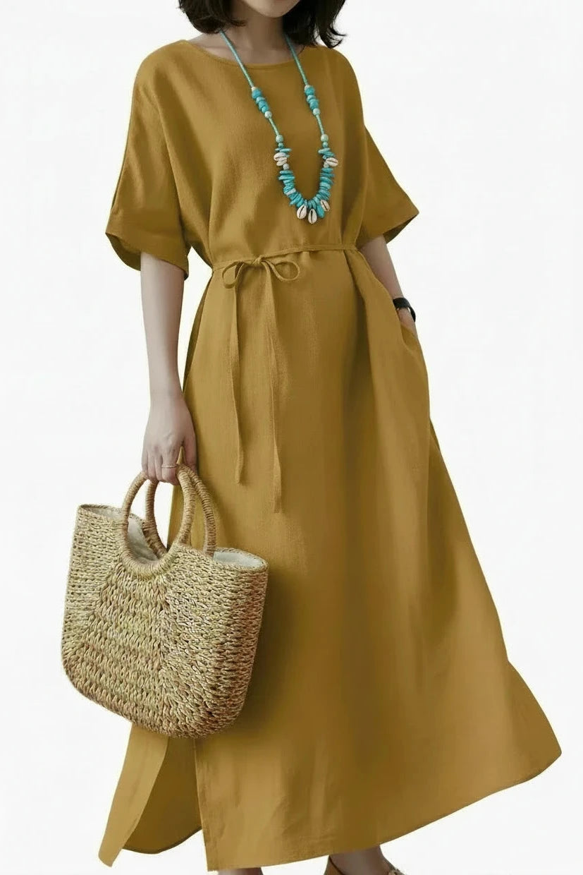 🍒Long dresses a-line fashion split hem wide short sleeve outfit casual outfit for women with waistband batwing sleeve clothes Simply Style