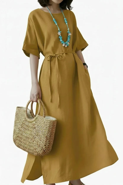 🍒Long dresses a-line fashion split hem wide short sleeve outfit casual outfit for women with waistband batwing sleeve clothes Simply Style