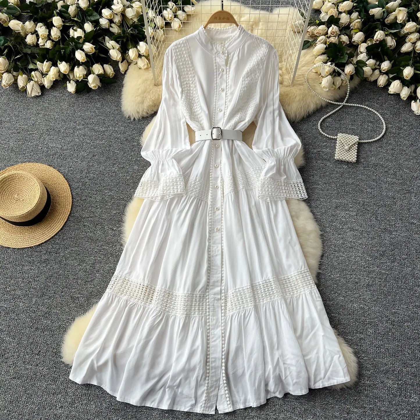 🍒Stand collar maxi dress a-line elegant single breasted smart casual women puff seeve outfit single breasted shirt dresses high waist Y2k fashion vintage style clothimg Get A ComPLEAT Look