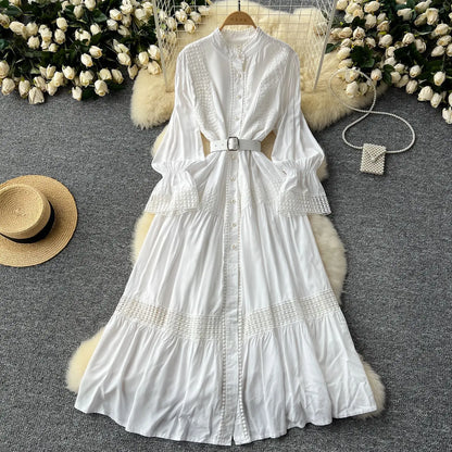 🍒Stand collar maxi dress a-line elegant single breasted smart casual women puff seeve outfit single breasted shirt dresses high waist Y2k fashion vintage style clothimg Get A ComPLEAT Look