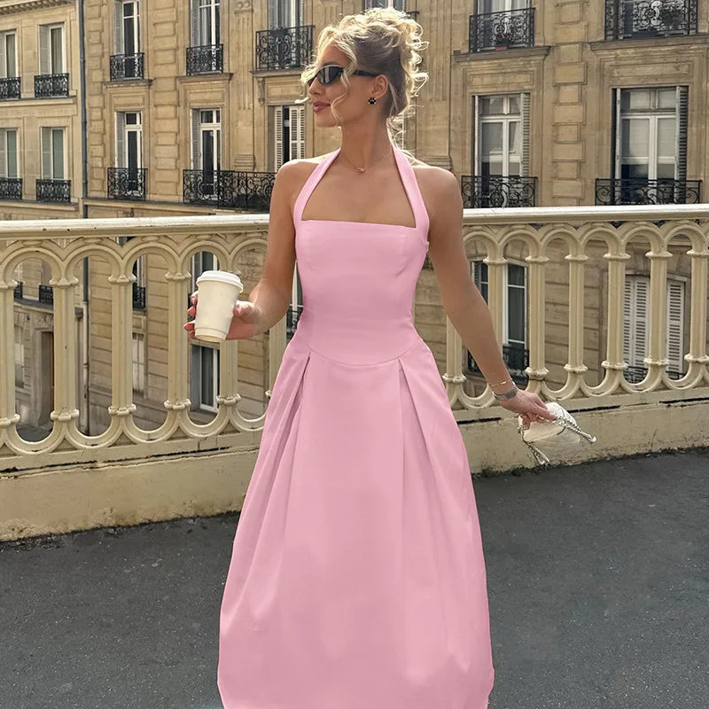 🍒Elegant midaxi dress high waist  sleeveless summer outfit long  backless halter dress feminine clothing party wear fashion
