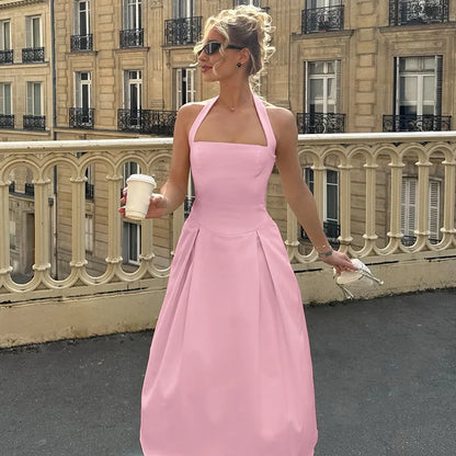 🍒Elegant midaxi dress high waist  sleeveless summer outfit long  backless halter dress feminine clothing party wear fashion