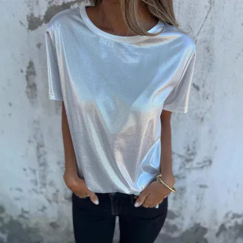 🍒Metalic loose top shiny short sleeve tee womens special occasion tops gold t-shirt o-neck fashion smart casual ladies clothes  Top 'Talic Tee