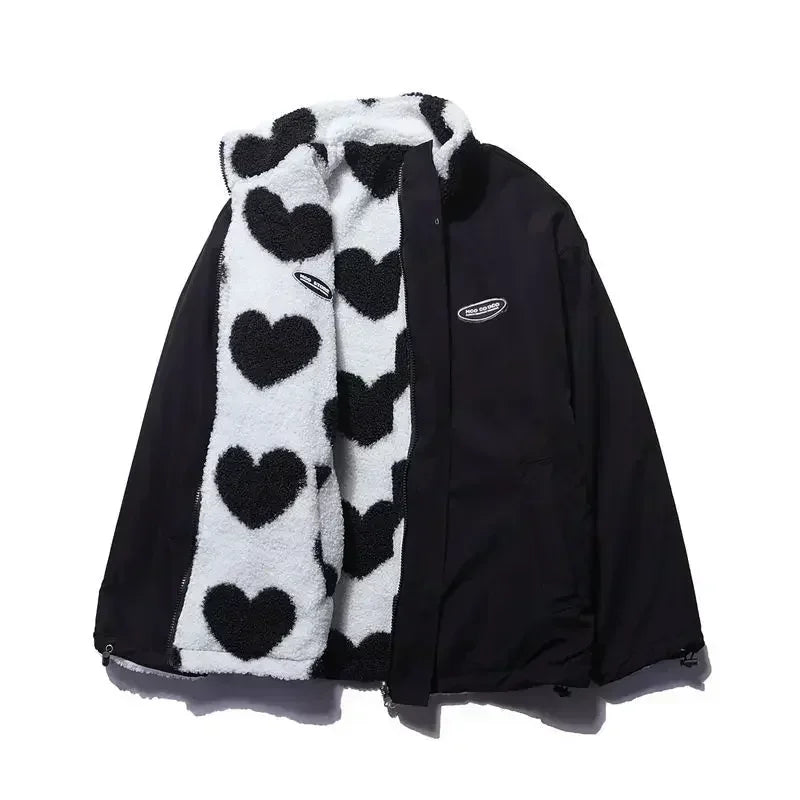 🍒Fashion Stand-up Collar OutwearFaux lambswool fur jacket women's warm coat autumn winter outerwear for women heart print stand collar coat Ya Hearts Printed On This