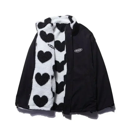🍒Fashion Stand-up Collar OutwearFaux lambswool fur jacket women's warm coat autumn winter outerwear for women heart print stand collar coat Ya Hearts Printed On This