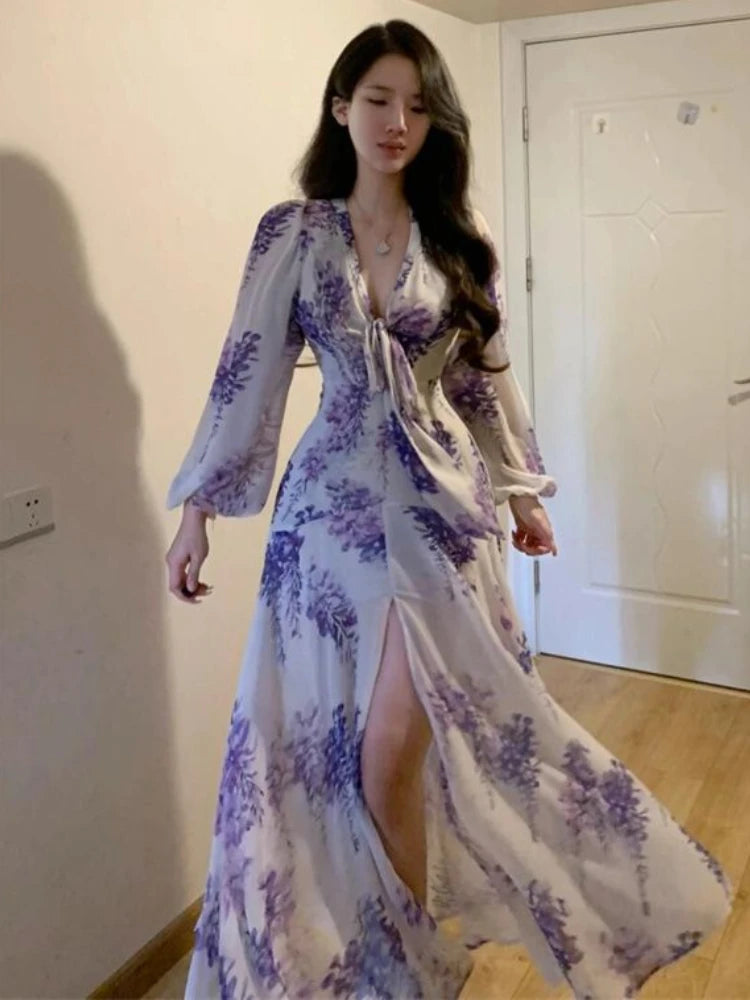 🍒Floral print sweet dresses Y2k aesthetic v-neck bodycon with puff sleeves a-line dress with front slit purple