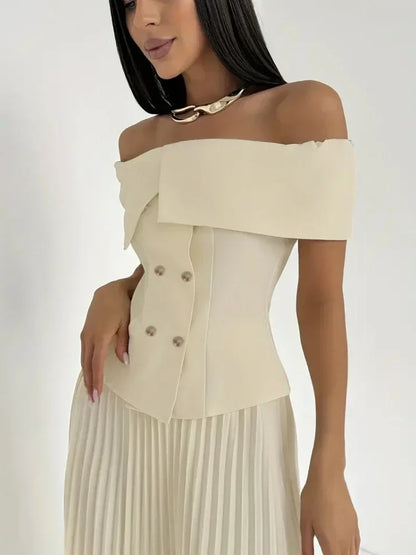 🍒Fashion two piece outfits with long pleated skirts maxi fashion and Off-shoulder top matching sets neutral clothing for women party formal wear party occasion wear Cool off with Ice Cream
