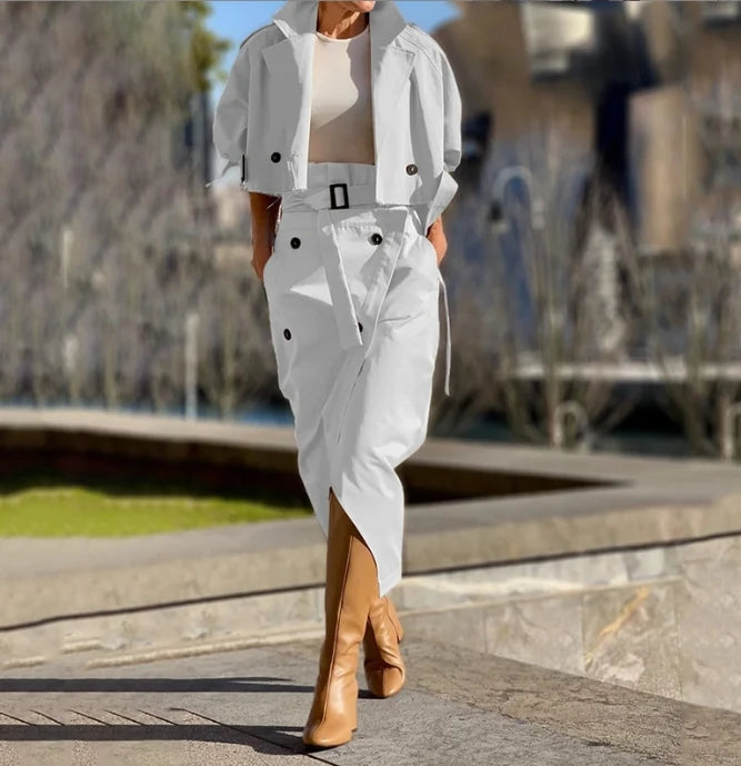 🍒Women's two-piece set versatile smart casual wear for women belt button skirt and matching crop jacket retro elegant fashion wears Button Up And Get This Crop
