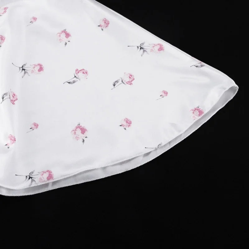 🍒White floral satin maxi dress for women casual or occasion wedding guest beach vacation outfit flower printed v-neck dress womens fashion slim fit waist short butterfly sleeve long summer wear with short sleeves high waist cute comfy casu-casion