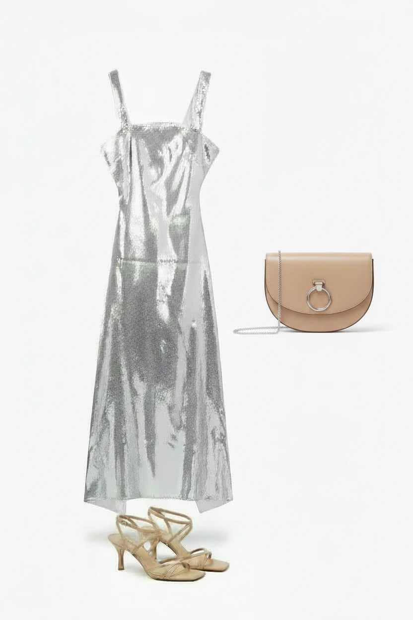 🍒Square neck maxi dress long women sleeveless backless outfit  sequin smart casual women ladies Party wear occasion clothing Show Off Shiny
