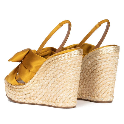 🍒Metalic bow shiny gold shoes occasion stilettoe sandals sling back thin high-heeled party wear                      🍒        High wedge platform shoe sling back open toe sandal with front bow  Gonna Get Golden Oldie Golds