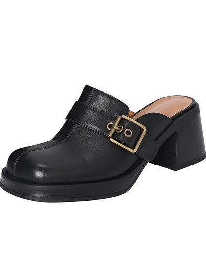 🍒Genuine leather buckle shoe open back mules for ladies smart casual summer footwear commuter thick heel slides