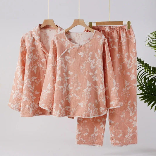 🍒Pyjama set 100% Cotton women's two piece nightwear jacquard long sleeve top and elasticated long pants loose loungewear set Pick This Leaf