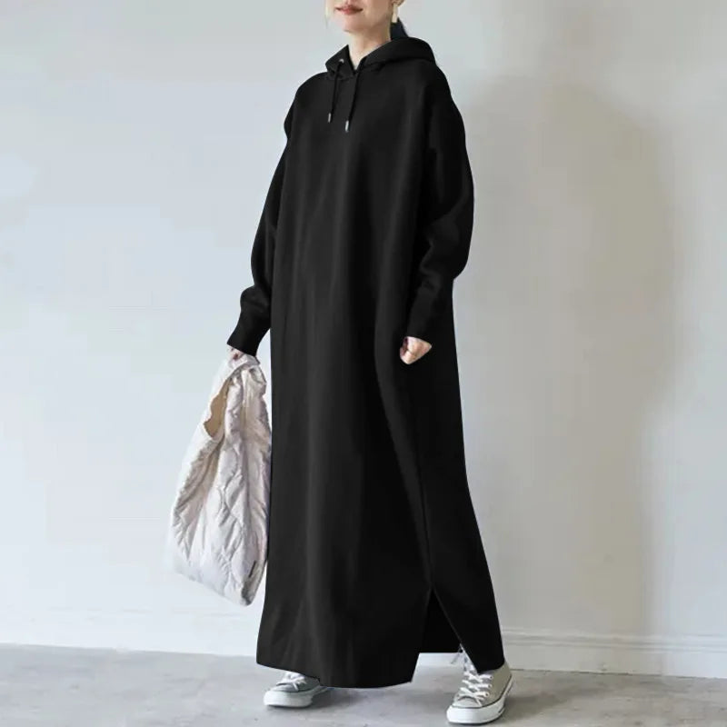 🍒Maxi hoodie dress loose autumn long dress sweatshirt spring female tie collar baggy casual outfits straight dresses JYFS-2175 Maximum Comfort