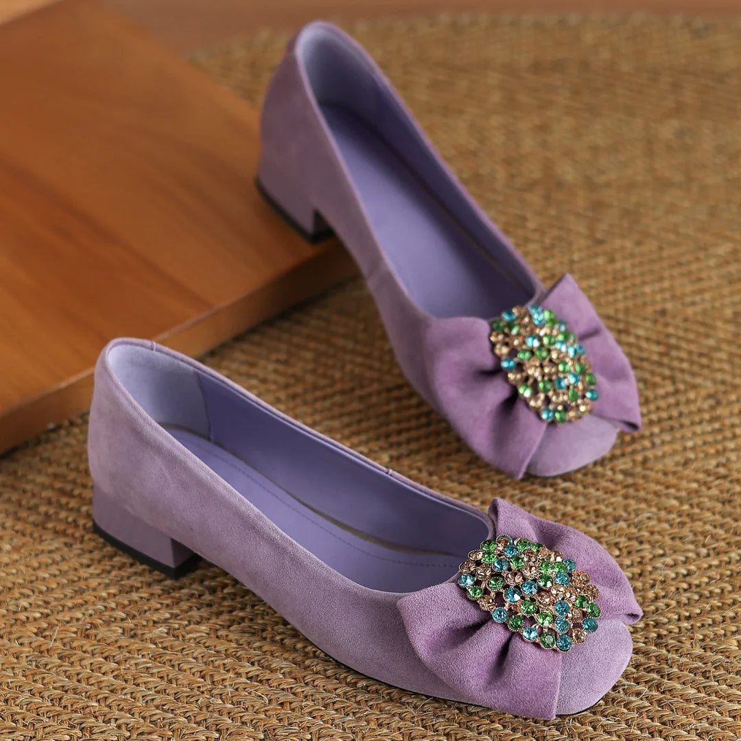 🍒Suede square toe shoes sweet bowtie flats women crystal slip on shoes decoration brooch flats elegant occadson shoes party footwear 41 size available Stride In Suedes