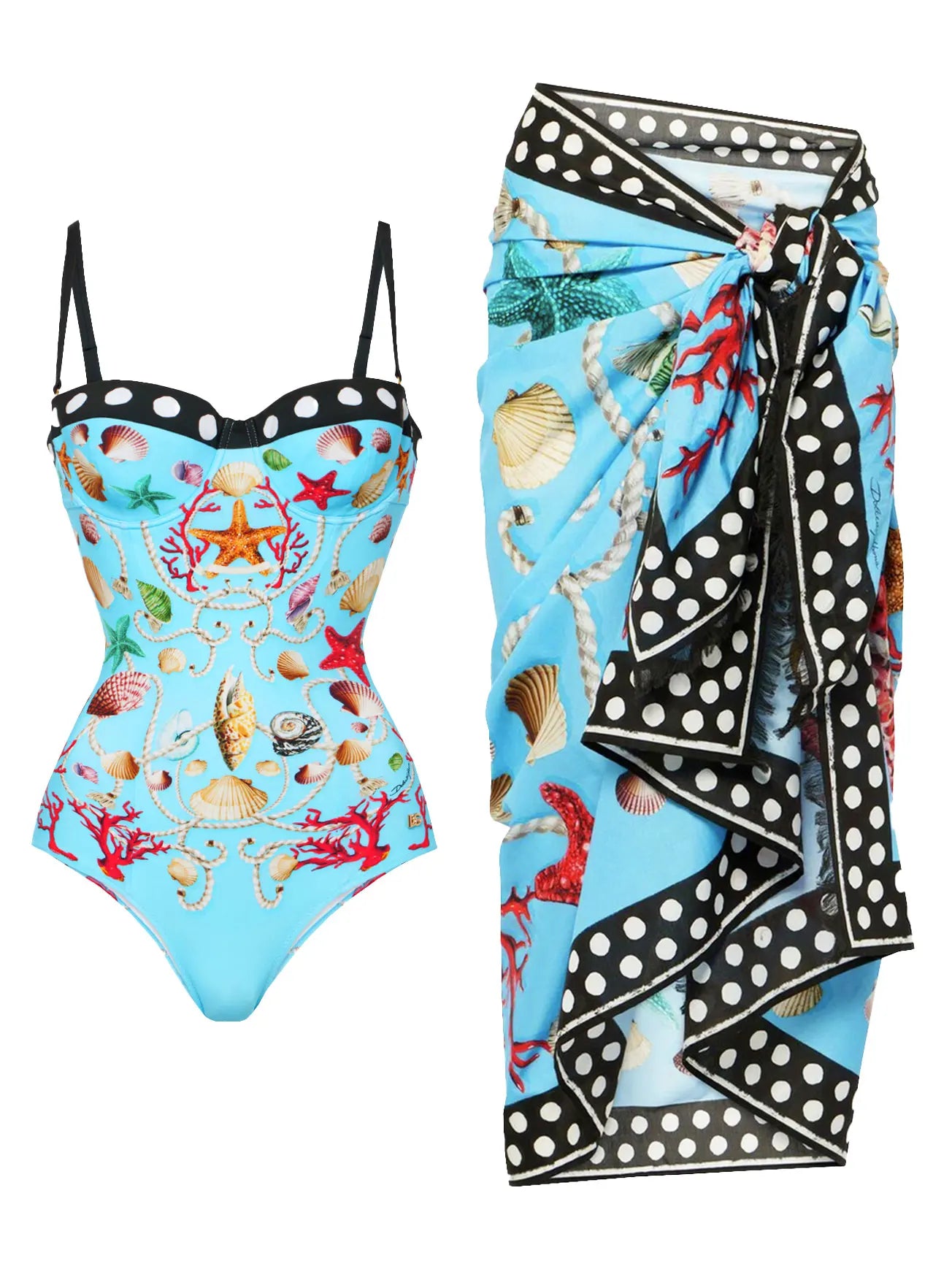 🍒One piece swim suit beach wear with coral and seashell print bikini and sarong set beach wear for women Sea Sure Set