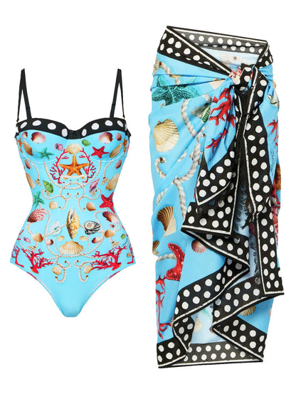 🍒One piece swim suit beach wear with coral and seashell print bikini and sarong set beach wear for women Sea Sure Set