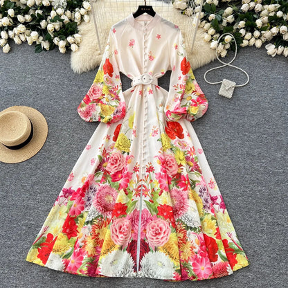 🍒Floral print maxi dress puff sleeve pattern womens stand collar outfit with flowers belt single breasted shirt dress gorgeous prom party wear  occasion fashion wedding guest clothes Get Pink Lemonade At A Garden Party