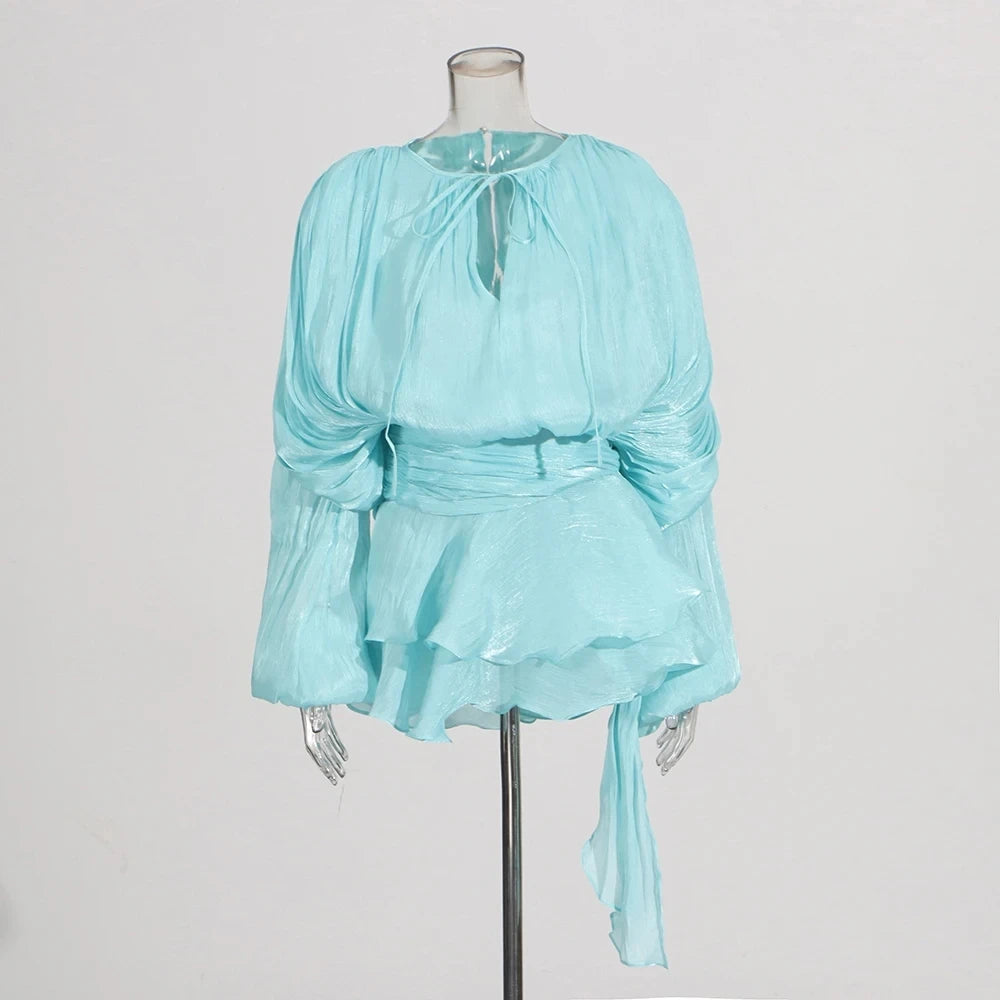 🍒Solid tie neck dress high waist ruffle for women long sleeve mini  party club wear occasion clothing female fashion Revel In Ruffles