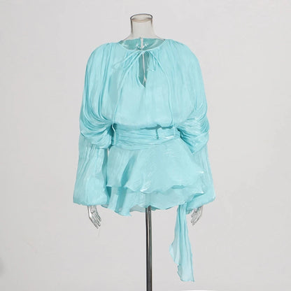 🍒Solid tie neck dress high waist ruffle for women long sleeve mini  party club wear occasion clothing female fashion Revel In Ruffles