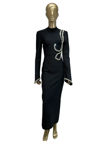 🍒Black party dress for women long sleeve half high neck collar crystal bodycon gown occassion  outfit with sparkles ankle length maxi dress celebrity club  wear evening wear Swirl Twirl