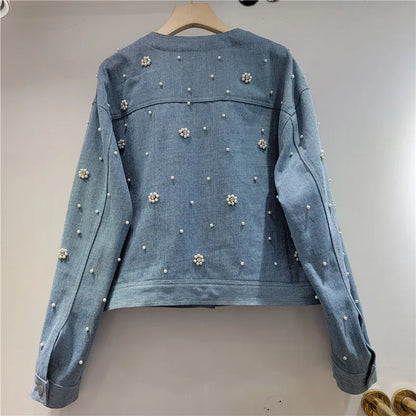 🍒Denim jacket with  pearls beaded flower long sleeve round neck crop jacket smart casual women Don A Decorated Denim