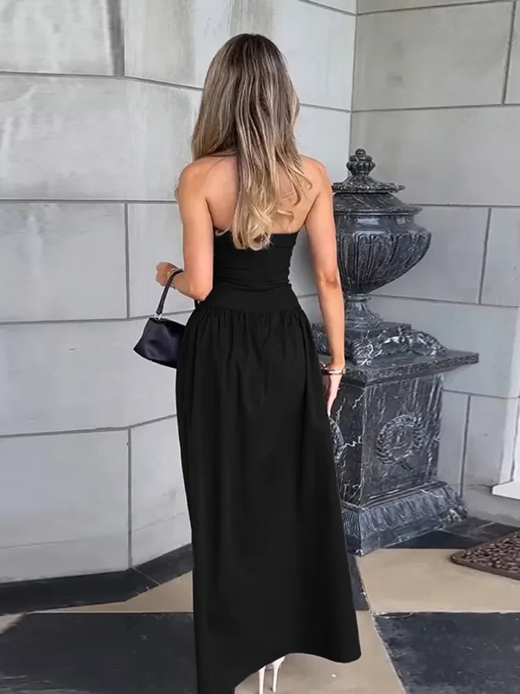 🍒Solid backless maxi dress sleeveless design elegant womens solid color outfit chic high waist club party wear occasion clothing  Currant is Black