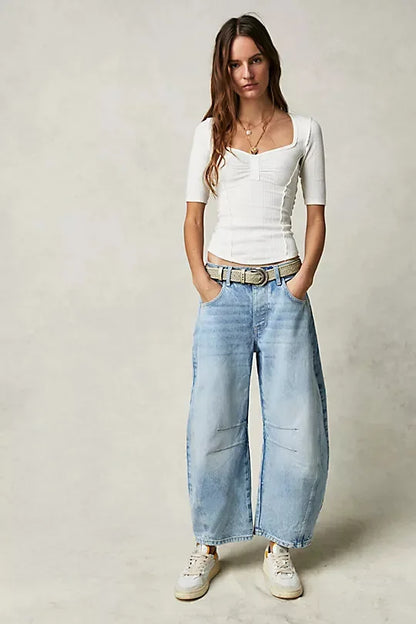 🍒Loose mid waist Jeans bleached denim style full length pants fashion solid colour trousers with pockets casual wear for women Barrels Of Style