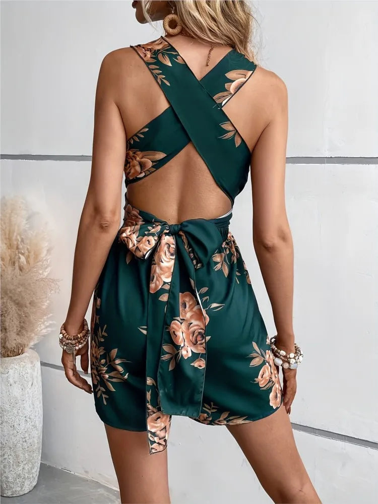 🍒Printed playsuit for women cross back jumpsuit multicolor summer fashion v-neck outfits loose party wear club wear Xstrodinary Florals