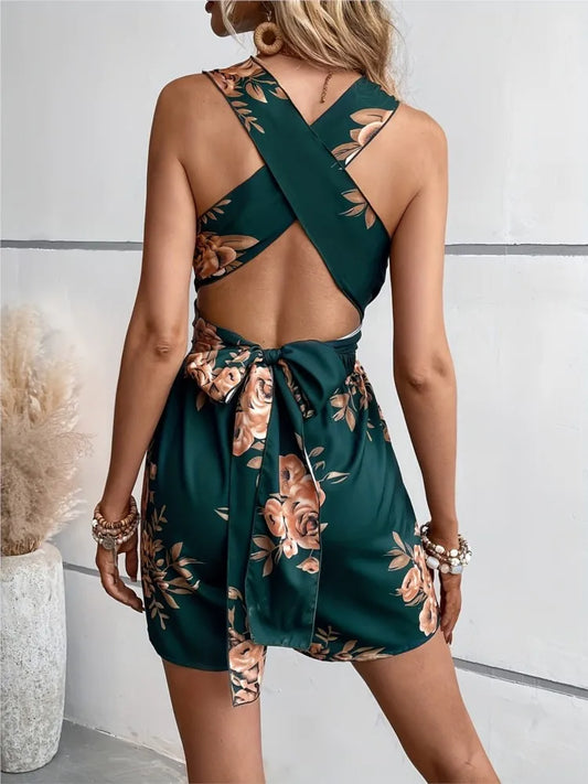🍒Printed playsuit for women cross back jumpsuit multicolor summer fashion v-neck outfits loose party wear club wear Xstrodinary Florals