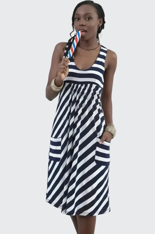 🍒Fashion striped dress vest style summer outfit with pockets loose sleeveless beach wear for women’s solid clothing for holiday casual wear  SHORELY Sweet Stripes