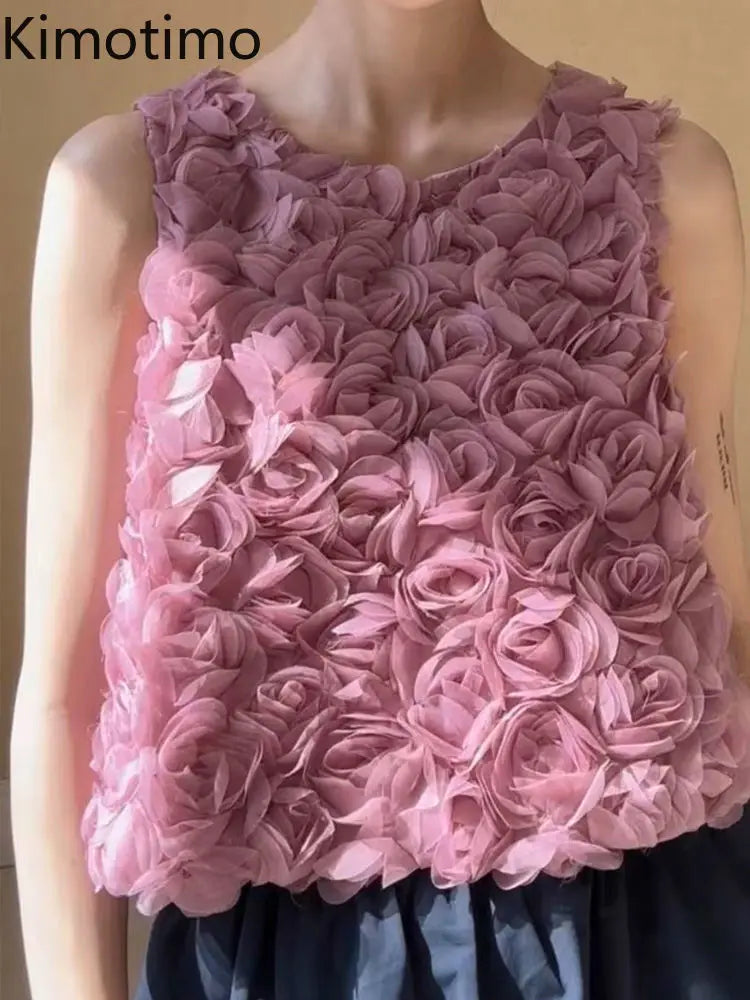 🍒Purple 3D rose flowers vest crop top womens summer fashion sleeveless tank top camisole outerwear feminie party occasion wear