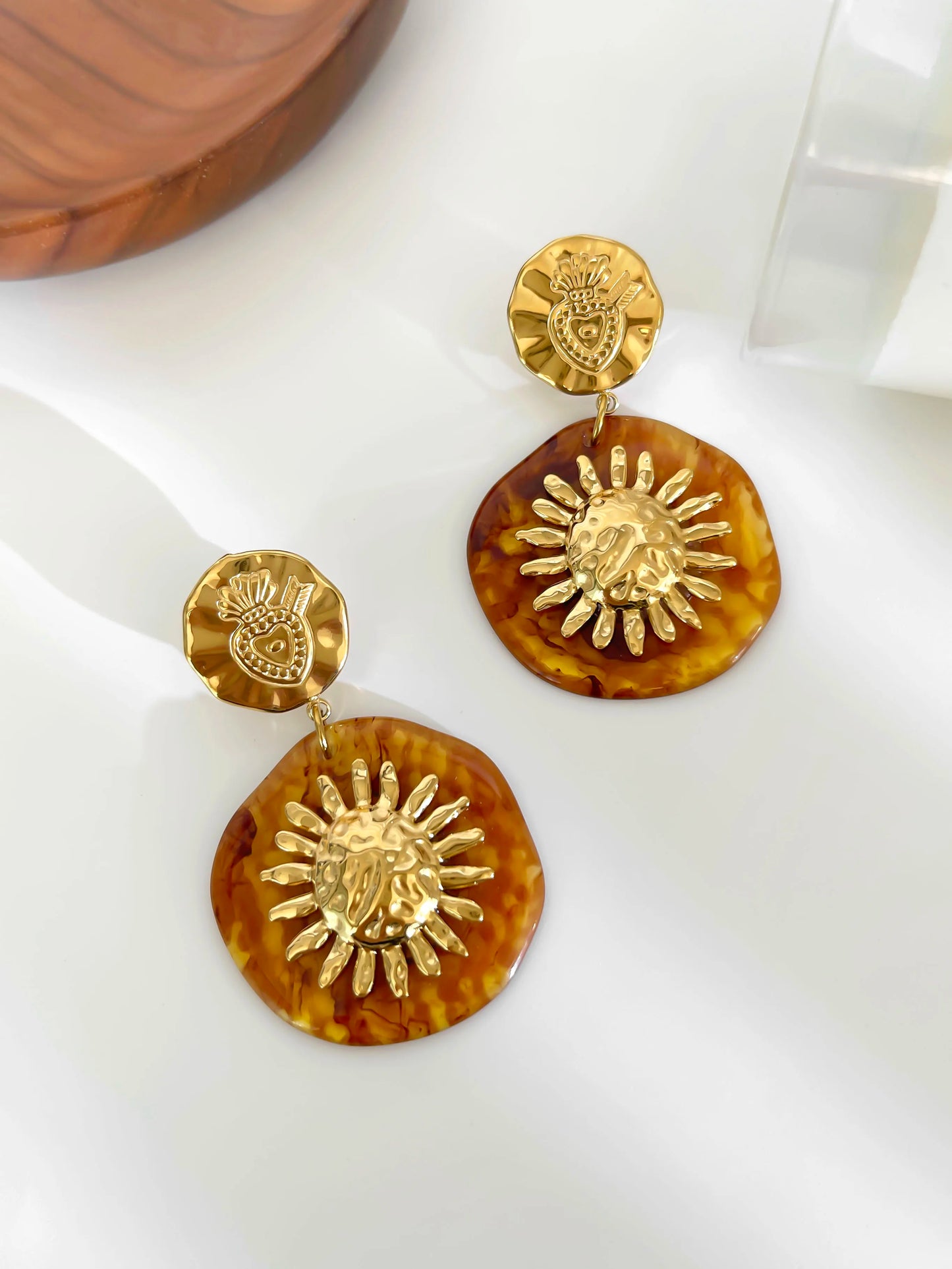 🍒 Vintage amber resin golden sun drop earrings for Women trendy stainless steel party earings daily jewellery Waterproof DROP in And STEEL The Attention