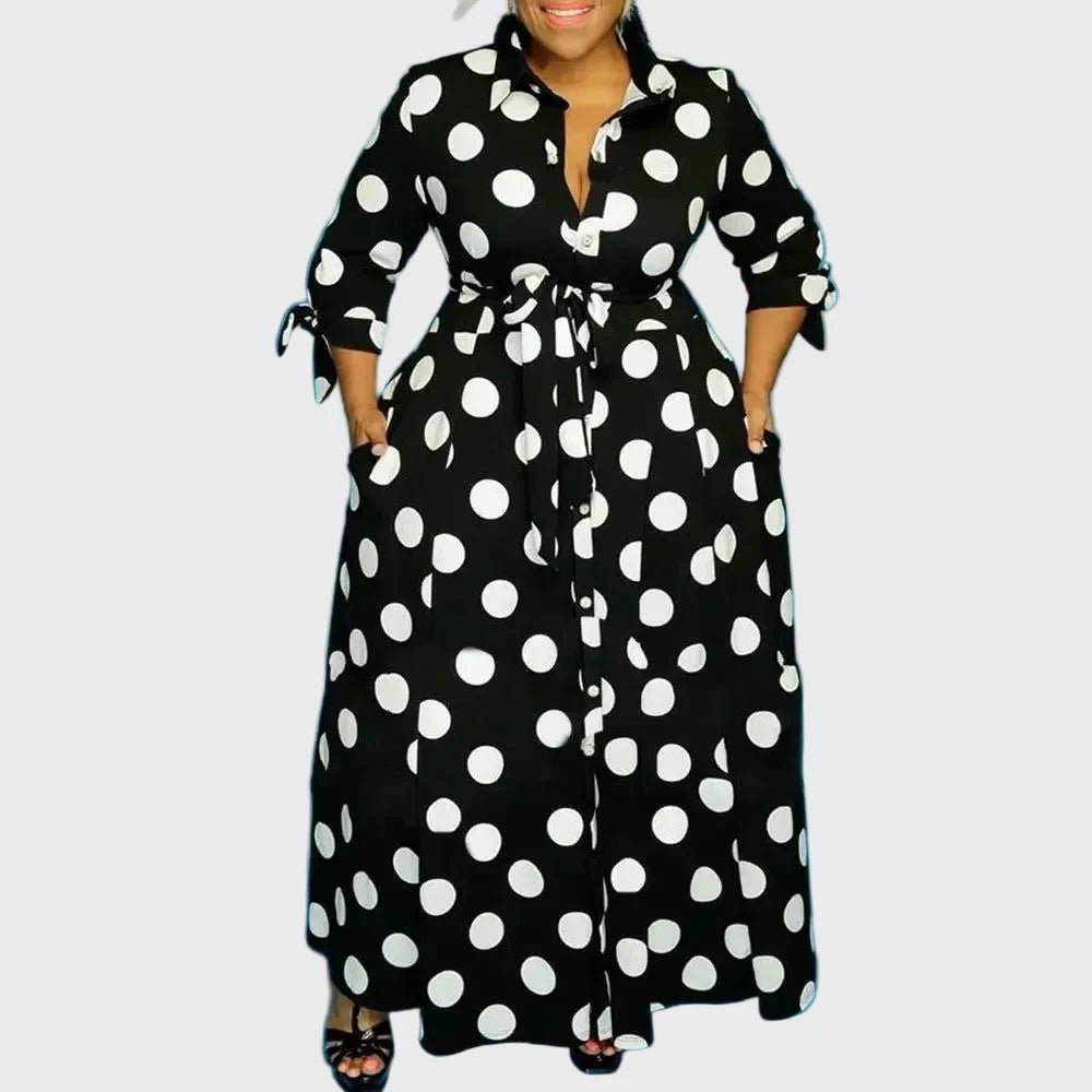 🍒Plus size polka dot dress with sleeves printed high waist outfit maxi dress smart casual women a-line dress  LONGing for this DOTty, PRINT at check out