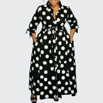 🍒Plus size polka dot dress with sleeves printed high waist outfit maxi dress smart casual women a-line dress  LONGing for this DOTty, PRINT at check out