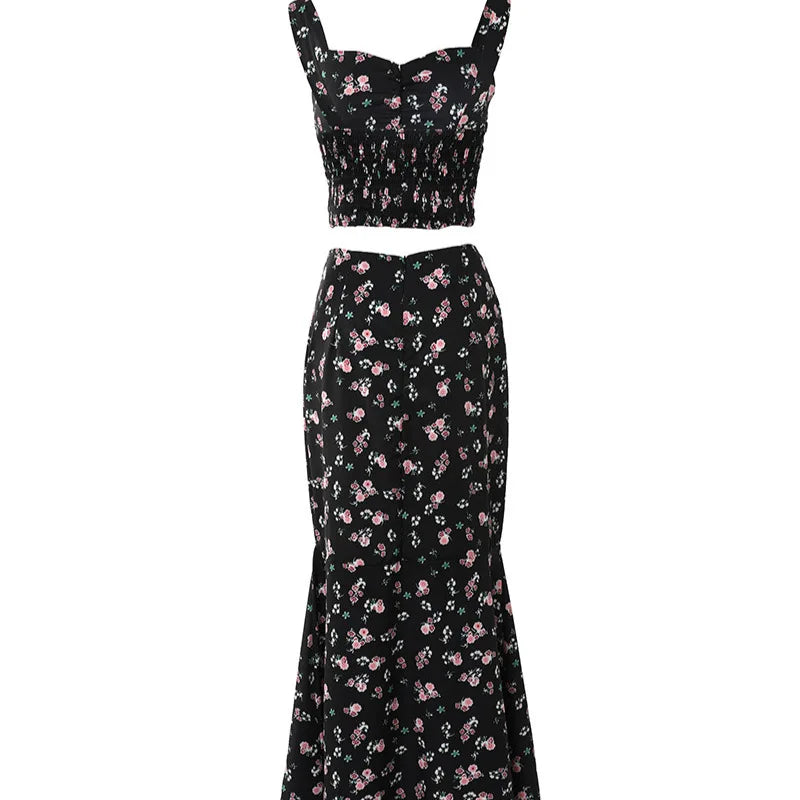 🍒Skirt set for women two Piece outfit floral print sleeveless top and a-line slim fish tail maxi skirt set long Skirts All Floral Floral For All