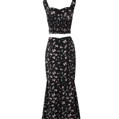 🍒Skirt set for women two Piece outfit floral print sleeveless top and a-line slim fish tail maxi skirt set long Skirts All Floral Floral For All