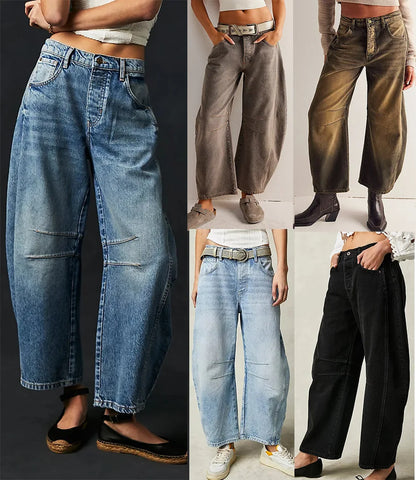 🍒Loose mid waist Jeans bleached denim style full length pants fashion solid colour trousers with pockets casual wear for women Barrels Of Style